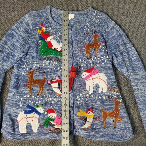 Grandma Sweater Christmas Santa Penguin Reindeer Beaded Embroidere Kikit Blue XL - Picture 6 of 8